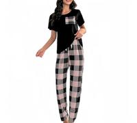 SamHeng Pijamas Set para Mujer Redonda de Manga Corta de Cuello Redondo y Pantalones Largos Soft Sleepwearwear Summer PJS Set Casual Nightwear para Damas(Rosa/L)