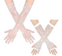 SamHeng Rhinestone Guantes de Red de Pesca Mujer, 2 Pares Brillante Guantes de Malla Guantes Sin Dedos Guantes Largos para 80s Fiesta Disfraz Halloween Disco Cosplay Rock Baile (Blanco)