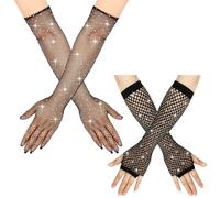 SamHeng Rhinestone Guantes de Red de Pesca Mujer, 2 Pares Brillante Guantes de Malla Guantes Sin Dedos Guantes Largos para 80s Fiesta Disfraz Halloween Disco Cosplay Rock Baile (Negro)