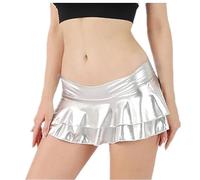 SamHeng Señoras Mini Falda de Cuero de la Mirada Mojado Brillante metálico líquido Mirada mojada Minifalda Mujer Traje de actuación de baile de fiesta Clubwear, Plateado