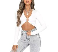 SamHeng Sexy Mujer Camiseta de Manga Larga, Cuello en V Profunda Crop Tops Corsé Bustier Anillo Redondo Básico Top, Casual Slim Tops Camisetas Cortas Tops Cortos Ropa de Club (Blanco/L)