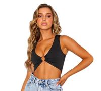 SamHeng Sexy Mujer Camiseta Sin Mangas, Color Sólido Cuello en V Profunda Camisetas Cortas Corsé Bustier Anillo Metálico Tank Tops Camisola de Verano Tank Tops Streetwear (Negro-M)