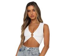 SamHeng Sexy Mujer Camiseta Sin Mangas, Color Sólido Cuello en V Profunda Camisetas Cortas Corsé Bustier Anillo Metálico Tank Tops Camisola de Verano Tank Tops Streetwear (Blanco-L)