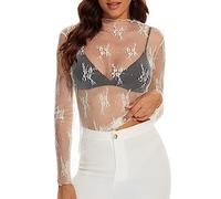 SamHeng Sexy Mujer Camiseta Transparente de Mujer Top Blusa Camisetas de Manga Larga para Mujer Fishnet Slim Tops Fiesta Clubwear Casual, Blanco