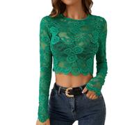 SamHeng Sexy Top de Cortes de Encaje para Mujer, Flor de Bordado Top de Manga Larga Cuello Redondo Transparente Tops de Malla Casual Fit Slim Camiseta Pullover Crop Tops Básico T-Shirt (Verde-XL)