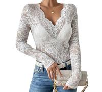 SamHeng Sexy Top de Encaje para Mujer, Elegante Encaje Floral V Cuello Top de Malla Transparente Camiseta de Manga Larga Moda Fit Slim T-Shirt Camisa de Blusa Tops de Túnica (Blanco-L)