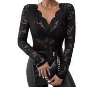 SamHeng Sexy Top de Encaje para Mujer, Elegante Encaje Floral V Cuello Top de Malla Transparente Camiseta de Manga Larga Moda Fit Slim T-Shirt Camisa de Blusa Tops de Túnica (Negro-M)