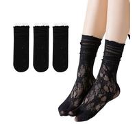 SamHeng Tabi Chanclas Calcetines para Mujer 3 Pares Calcetines Japoneses de Algodón con Punta Dividida, Diseño con Calados y Volantes Casuales para Pantorrilla(Negro)