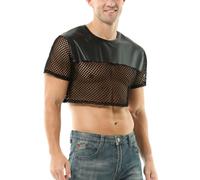 SamHeng Top corto brillante para hombre, sexy de piel sintética, con cuello redondo, para fiestas clubes, malla, ajustado, manga corta, discotecas, clubes nocturnos, festivales de música y discotecas