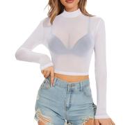 SamHeng Top corto de malla de manga larga para mujer transparente con cuello alto blusas transparentes estilo Y2K salir atuendos discotecas camisetas casuales sexys fiestas ropa de discoteca(blanco/L)