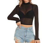 SamHeng Top corto de malla de manga larga para mujer transparente con cuello alto blusas transparentes estilo Y2K salir atuendos discotecas camisetas casuales sexys fiestas ropa de discoteca(negro/M)