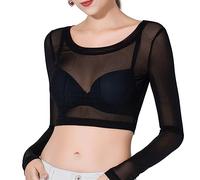 SamHeng Top corto de malla transparente para mujer, blusa camisera transparente de manga larga, top corto de malla transparente de ajuste ceñido negro, cárdigan abierto en ambos lados para cubrir