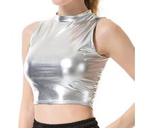 SamHeng Top corto metálico para mujer, brillante, elástico, sin mangas, holográfico, para fiesta, sin mangas, chaleco de baile, ropa de club, camiseta sin mangas