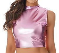SamHeng Top corto metálico para mujer, brillante, elástico, sin mangas, holográfico, para fiesta, sin mangas, chaleco de baile, ropa de club, camiseta sin mangas