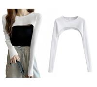 SamHeng Top Corto para Mujer Manga Larga Cuello Redondo Media Camisa Cubre Camisa Top Top de Malla Ajustado para Nadar Fiesta en la Playa Clubwear Trajes Rave, Blanco