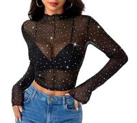 SamHeng Transparente Top de Malla para Mujer, Sexy Top de Lentejuelas Camiseta de Manga Larga Brillante Slim Fit T-Shirt de Cuello Alto Sheer Camisa de Blusa Casual Crop Tops Streetwear (M)