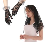 SamHeng Velo Mantilla & Guantes Cortos, Elegante Encaje de Flor Rosa Mujer Velo de Iglesia Velo Masivo Velo de Capilla Cubre Cabeza con Guantes Florales para Boda Noche Fiesta Disfraz (Negro)
