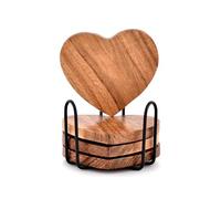Samhita Juego de 4 posavasos de madera de acacia con forma de corazón con soporte de hierro para decoración de mesa de café, regalo de inauguración de la casa, decoración de cocina