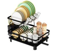 SAMISO Escurreplatos Acero Inoxidable,Escurridor de Platos de 2 Niveles,Estante de Dish,Escurre Platos Armarios,con Bandejas de Goteo,Soporte de Cubiertos,Escurreplatos Negro para Todo de vajillas