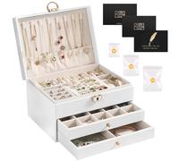 SAMISO Joyeros Mujer Organizador,Caja Joyero de 3 Niveles,con Cajones y Cerradura, Joyero Organizador de Viaje de Cuero PU para Pulseras, Pendientes,Anillos,Collares,Relojes,Blanco