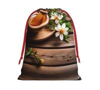SamLng Bolsa de regalo grande con cordón, flor verde azulado en tablón de madera, perfecta para Navidad, vacaciones y recuerdos de fiesta, bolsas de dulces y bolsas de golosinas