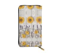SamLng Cartera larga de cuero con estampado de girasoles vintage sobre madera, bolsillo para monedas moderno, personalizado y duradero