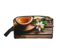 SamLng Neceser de viaje grande - Flor verde azulado en tablón de madera, diseño de impresión completa, organizador portátil de artículos de tocador, bolsa multiusos para maquillaje, blanco, talla