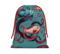 SamLng Pequeña bolsa de regalo con cordón, pez y pulpo, perfecta para Navidad, vacaciones y recuerdos de fiesta, bolsas de dulces y bolsas de golosinas