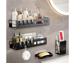 Samlonge 4 Piezas Estantería Baño Sin Taladro,Impermeable Estante de Ducha con 8 Ganchos Jabonera Portacepillos de Dientes,Estanteria Organizador Ducha Baño,Adhesivo Estantes Cesta para Ducha (Negro)