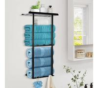 Samlonge 76cm Toallero de Baño de Pared, Toallero de Baño Sin Taladro con Estante y 6 Ganchos Toallero de Pared Autoadhesivo Soporte de Pared para Toallas Negro