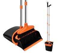 Samlonge Juego de Escoba y Recogedor de Mango Largo, 137 cm Escoba Alta y Recogedor Plegable Barredora y Recogedora de Polvo Combinados para Hogar Cocina Casa Oficina (Negro Naranja)