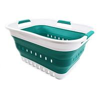SAMMART Cesta de Lavandería Plegable de 3 Asas - 30 Litros, Contenedor y Organizador de Almacenamiento, Tina de Lavado Portátil (Blanco/Verde Oscuro)