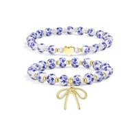 SAMOCO 2 pulseras de cuentas con lazo para mujer, diseño de flores azules y rosas, hechas a mano, elásticas, cuentas doradas, regalo delicado de joyería, Elasticity, Piedra, No es una piedra preciosa