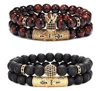 SAMOCO Juego de 4 pulseras Crown King de 8 mm para hombres y mujeres, ojo de tigre, negro mate, ónix natural, 7 inch, Piedra, No es una piedra preciosa