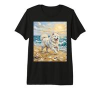 Samoyedo Jugando en una Playa de Verano Camiseta Premium