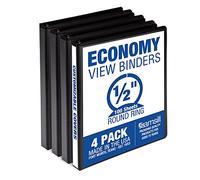 Samsill - Carpetas de 3 anillas de 12,7 mm, fabricadas en Estados Unidos, anillas redondas, cubierta transparente, capacidad de 100 hojas, para escuela, hogar, oficina, paquete de 4, color negro