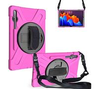 Samsung Galaxy Tab S7 Plus 12.4 T970 T975 Caso, Tres Capa Resistente Cuerpo Completo Funda Protectora con Soporte/Correa de Mano/a Hombro Correa/Portalápiz para Galaxy Tab S7 Plus 12.4 (Rosa roja)