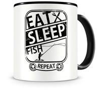 Samunshi® Taza de pescador con texto "Eat Sleep Fish Repeat", regalo para pescadores, taza de café grande divertida para cumpleaños, color negro, 300 ml