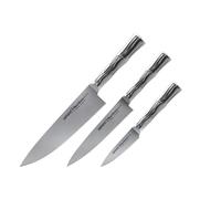SAMURA Cuchillo Cocina Profesional para Chef o Cocinero - Set de 3 Piezas Hechos con Acero japonés AUS-8 - Mango ergonómico en Forma de Tallo de BAMBÚ