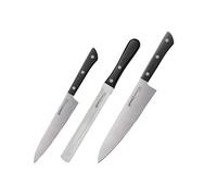 Samura HARAKIRI Set de 3 Cuchillos profesionales de cocina: Chef, Multiusos y Sierra - japoneses - Acero Inoxidable AUS-8 y Mango Ergonómico de ABS