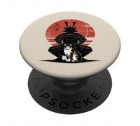 Samurai arrodillándose Ante el Gato Arte japonés del Sol Rojo PopSockets PopGrip Adhesivo