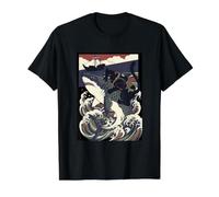 Samurai Cat Biting Shark Ukiyo-e Arte japonés Anime Gráfico Camiseta gráfica económica, Hombre, Negro, M