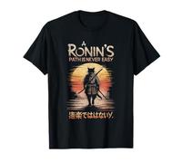 Samurai Cat Ronin Camino Guerrero Puesta de sol Viaje Estilo Japonés Camiseta