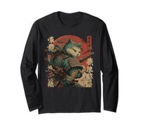 Samurai Cat Warrior Anime Japonés Estilo Vintage Manga Larga