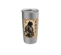 Samurai Cat Warrior Kuroneko Japanese Kanji Art Vaso térmico de acero inoxidable de doble pared