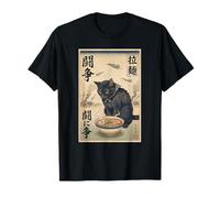 Samurai Gato Negro Comiendo Ramen Escena de Guerra Arte Edo Hombres Mujeres Camiseta