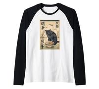 Samurai Gato Negro Comiendo Ramen Escena de Guerra Arte Edo Hombres Mujeres Camiseta Manga Raglan