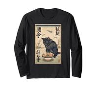 Samurai Gato Negro Comiendo Ramen Escena de Guerra Arte Edo Hombres Mujeres Manga Larga