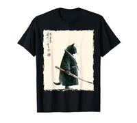 Samurai Ink Art Japanese Warrior Cat Minimal Illustration Camiseta