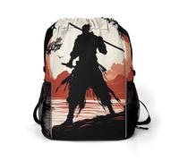 Samurai - Mochila con cordón para adultos, bolsa de gimnasio con compartimento para zapatos, mochila de senderismo con bolsillos laterales de malla